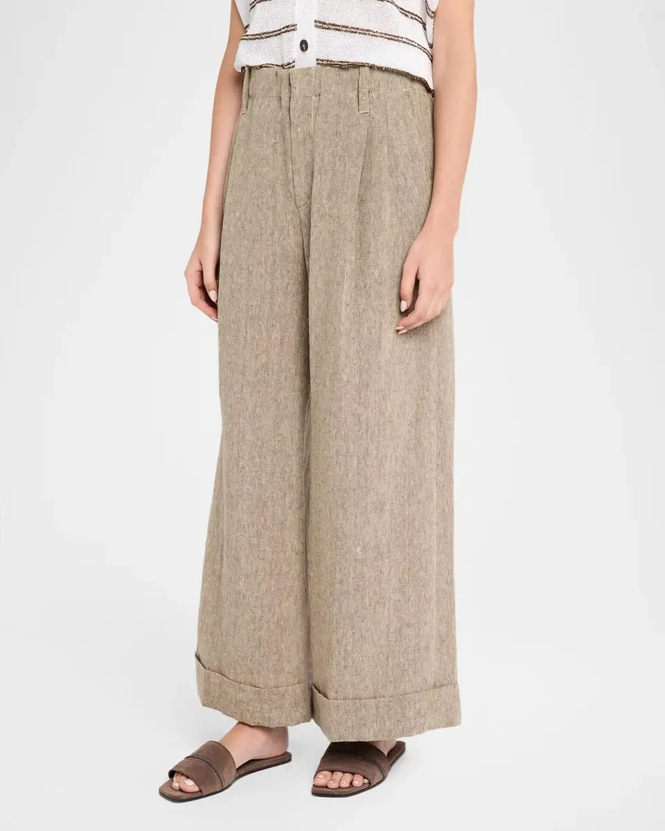 Brunello Cucinelli Rustic Linen Pleated Boxy Wide-Leg Ankle Trousers With Monili | Thumbnail 4 Brunello Cucinelli Rustic Linen Pleated Boxy Wide-Leg Ankle Trousers With Monili | Thumbnail 4