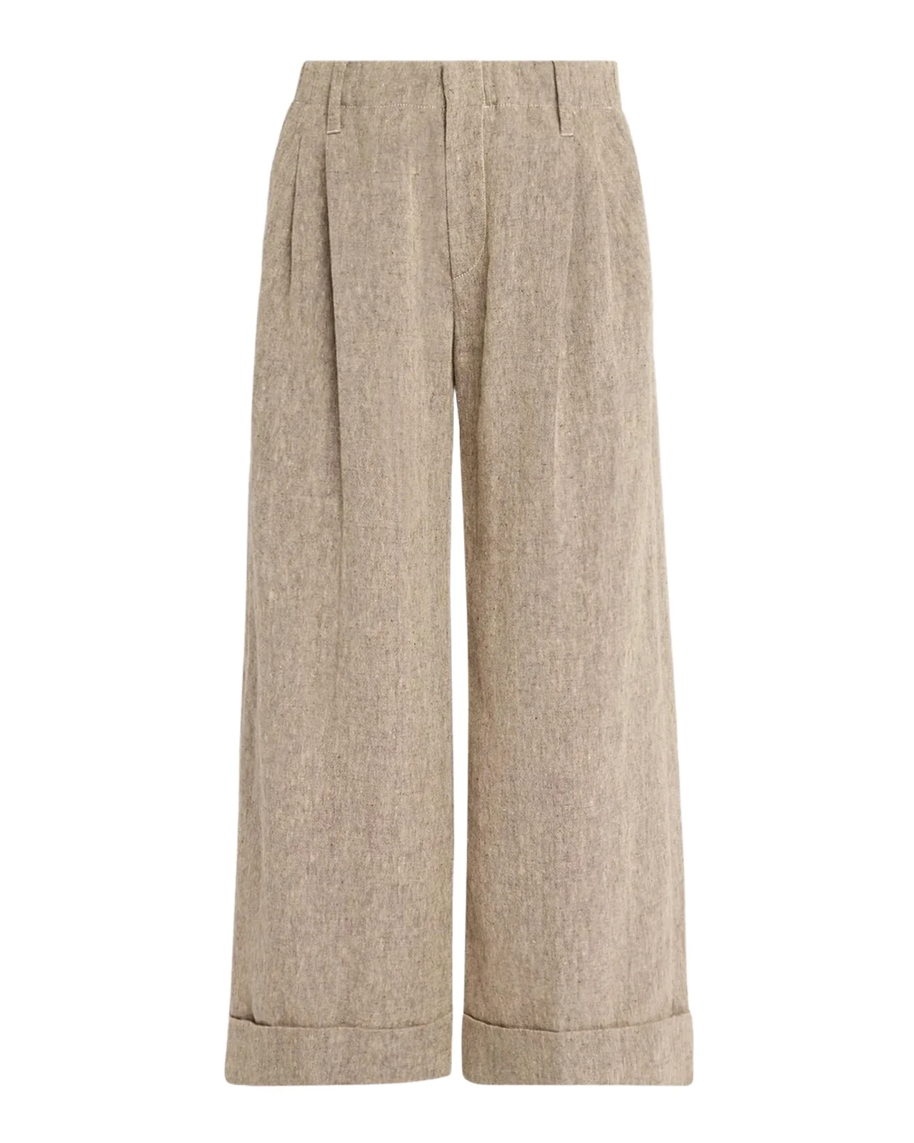 Brunello Cucinelli Rustic Linen Pleated Boxy Wide-Leg Ankle Trousers With Monili