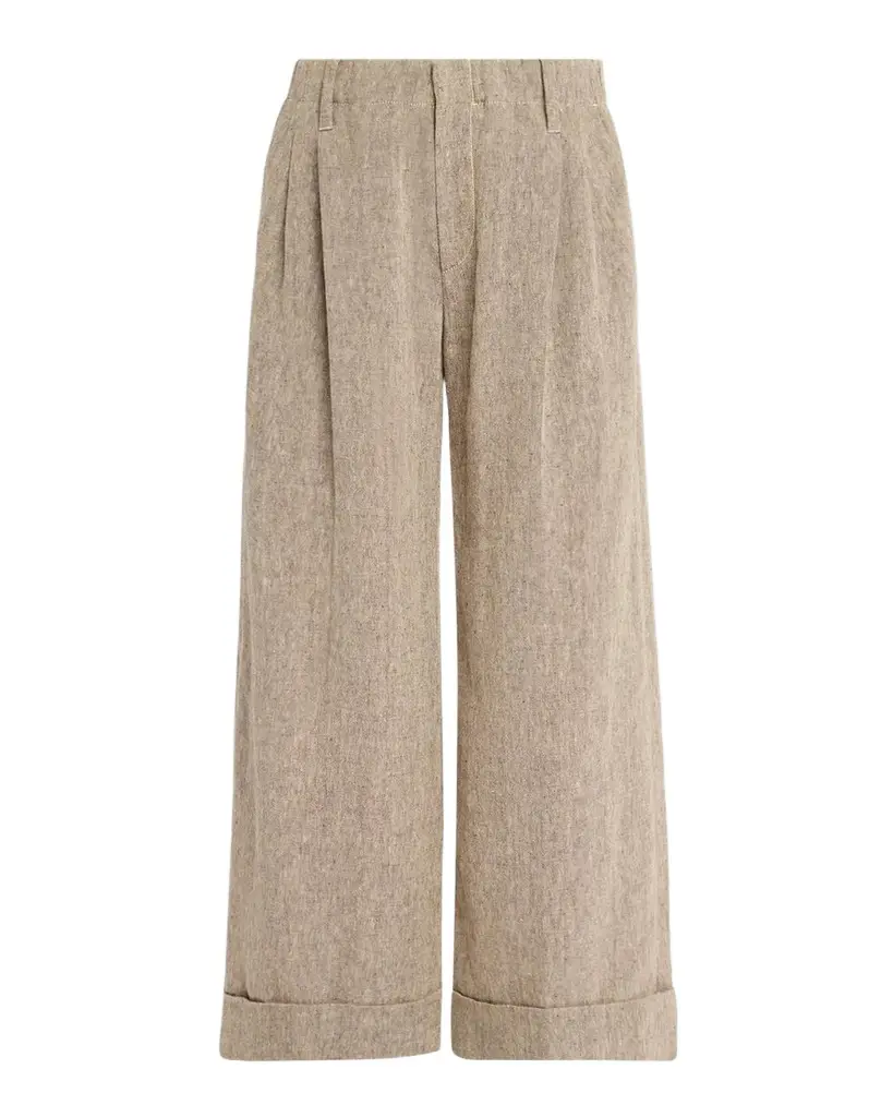 Rustic Linen Pleated Boxy Wide-Leg Ankle Trousers With Monili