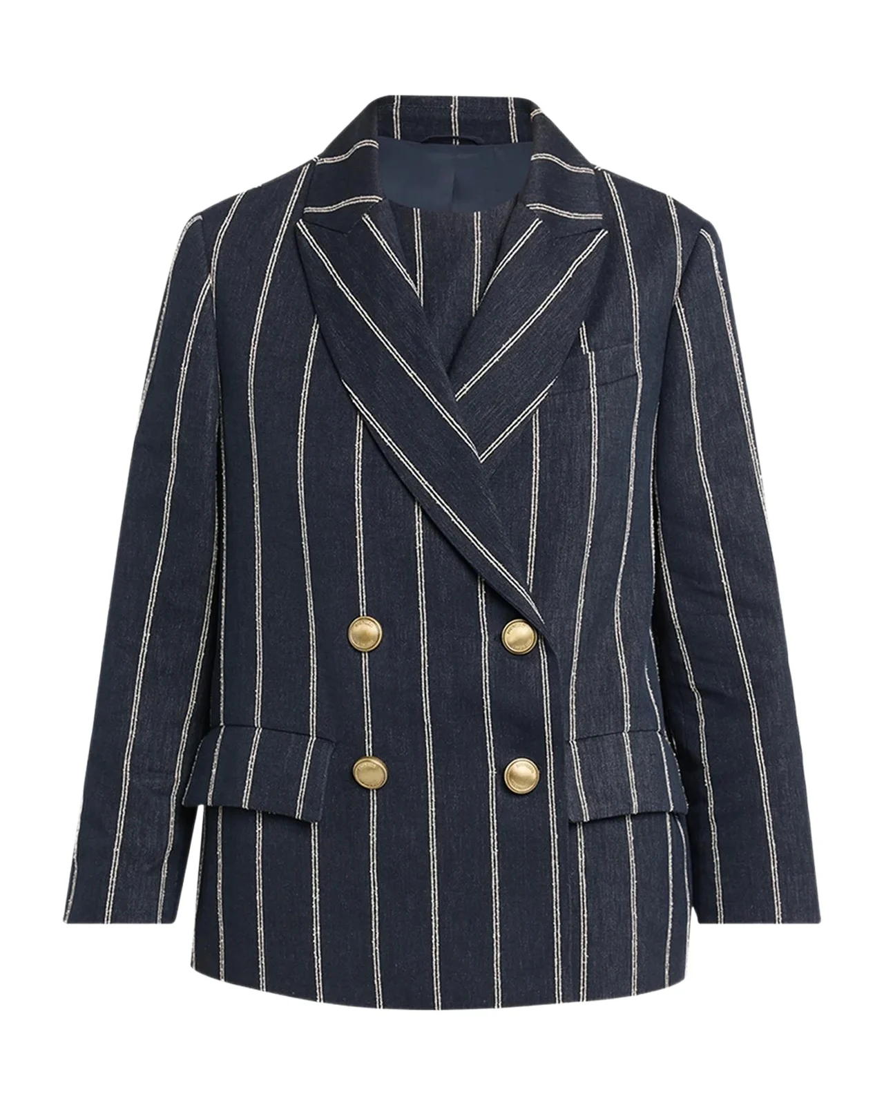 Double Pinstriped Denim Double-Breasted Blazer Jacket
