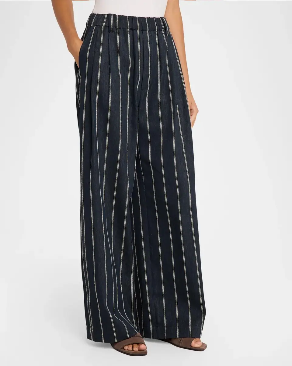 Brunello Cucinelli Double Pinstripe Cotton Wide-Leg Pull-On Pants | Thumbnail 4