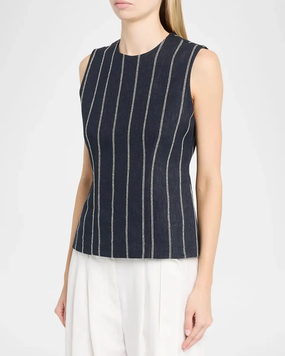 Brunello Cucinelli Double Pinstriped Denim Sleeveless Top | Thumbnail 4