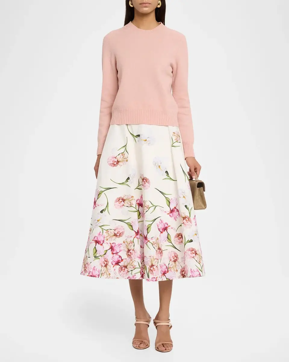 Oscar de la Renta Painted Iris Print Cotton Midi Skirt | Thumbnail 2