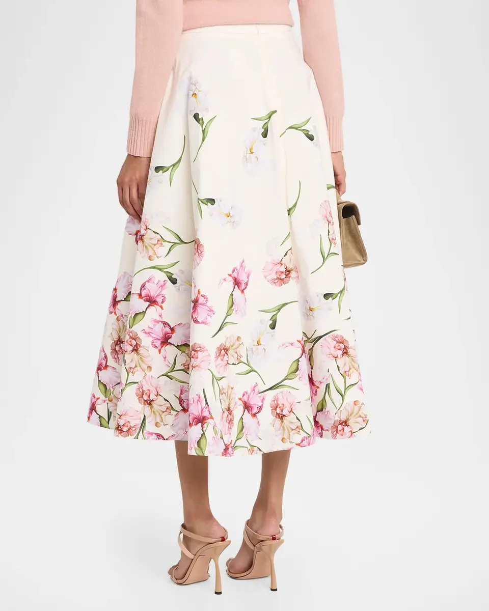 Oscar de la Renta Painted Iris Print Cotton Midi Skirt | Thumbnail 3
