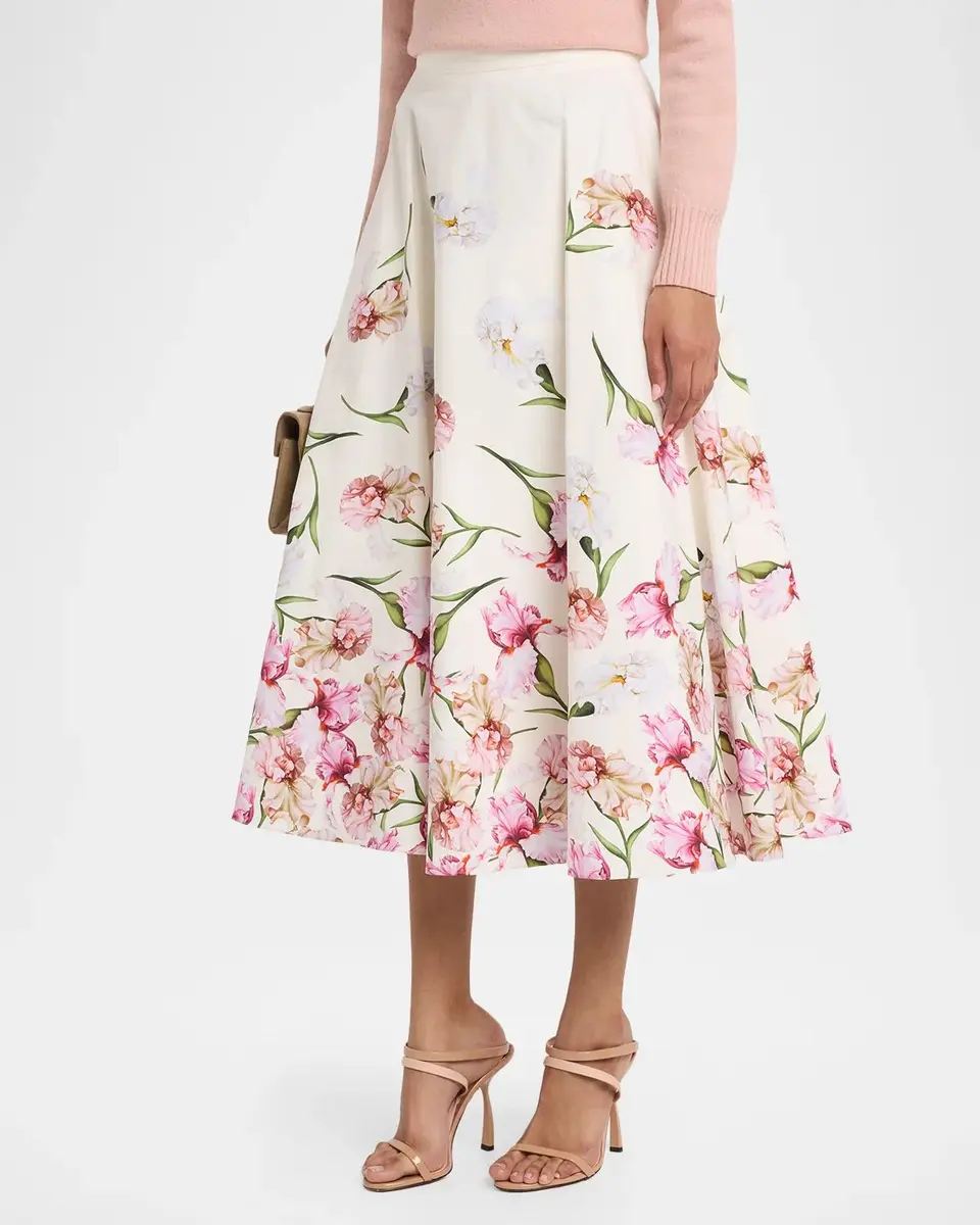 Oscar de la Renta Painted Iris Print Cotton Midi Skirt | Thumbnail 4