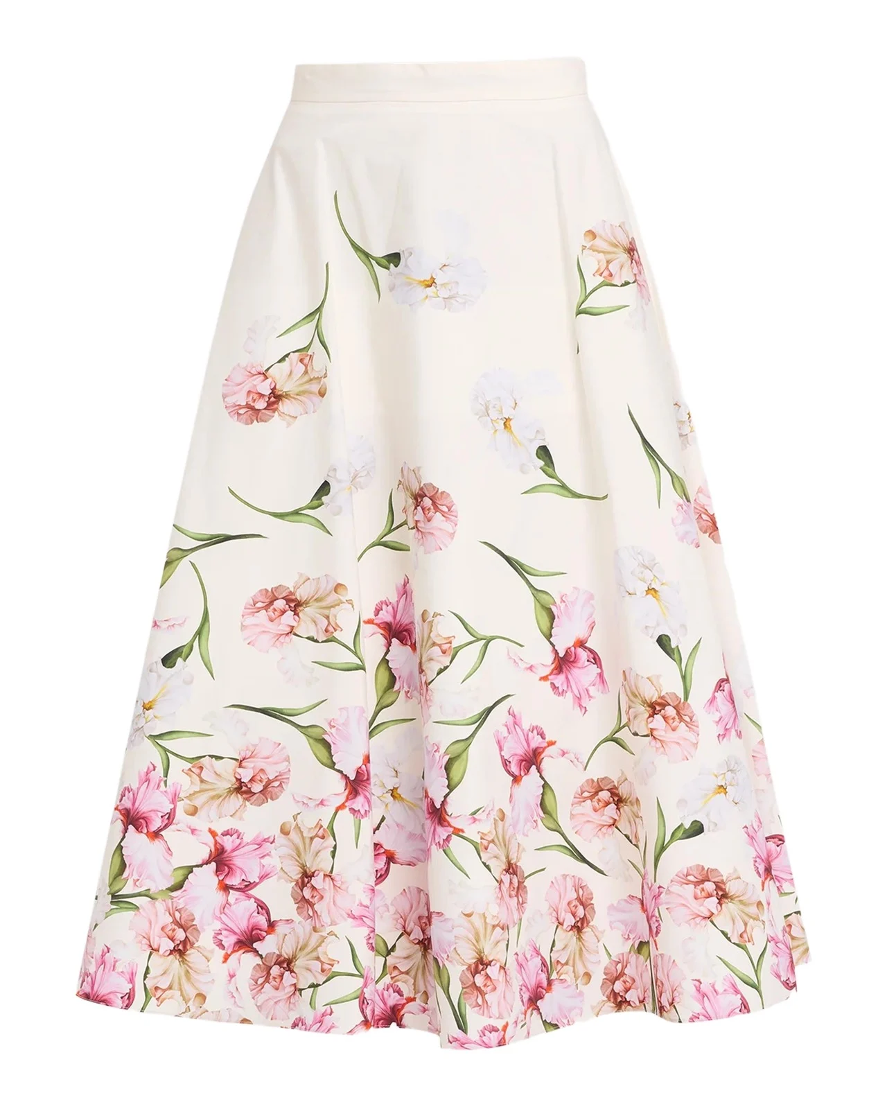 Oscar de la Renta Painted Iris Print Cotton Midi Skirt
