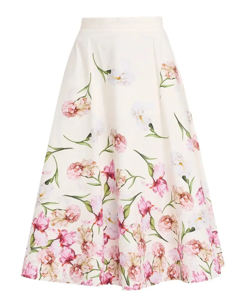 Painted Iris Print Cotton Midi Skirt Painted Iris Print Cotton Midi Skirt