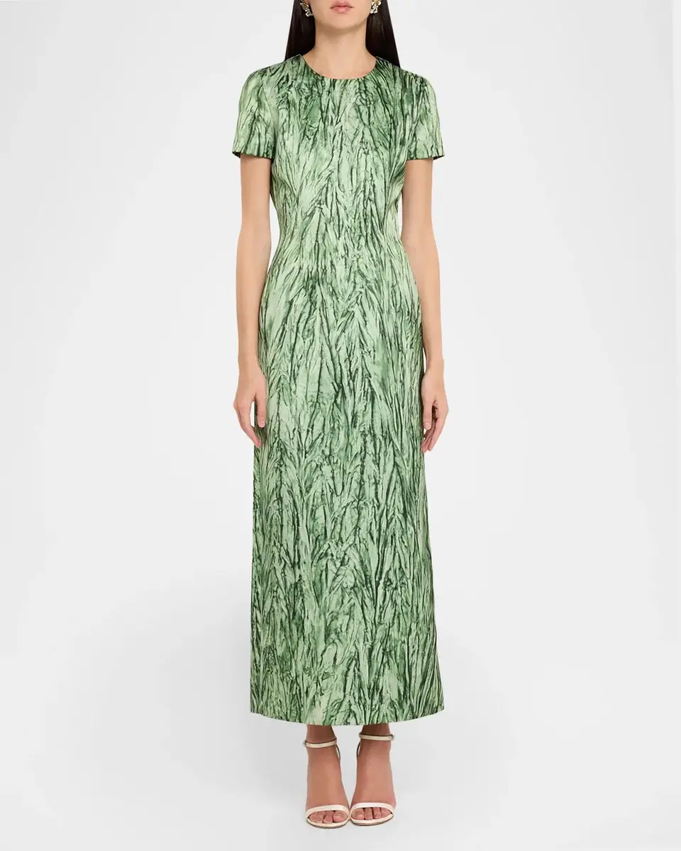 Oscar de la Renta Short-Sleeve Crushed Velvet-Printed Satin Midi Dress | Thumbnail 2