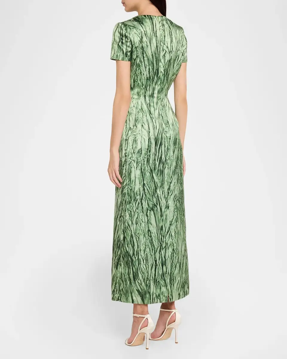 Oscar de la Renta Short-Sleeve Crushed Velvet-Printed Satin Midi Dress | Thumbnail 3