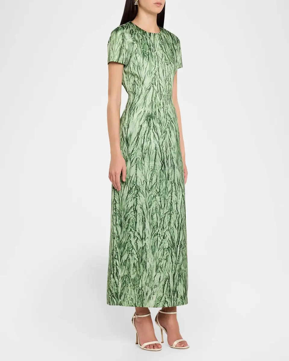 Oscar de la Renta Short-Sleeve Crushed Velvet-Printed Satin Midi Dress | Thumbnail 4
