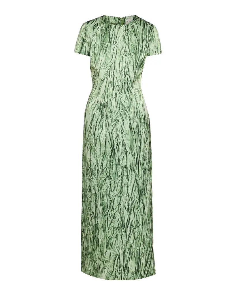 Oscar de la Renta Short-Sleeve Crushed Velvet-Printed Satin Midi Dress