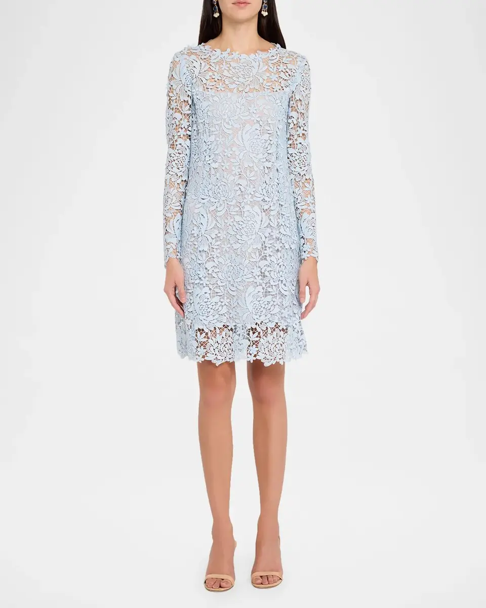 Oscar de la Renta Long-Sleeve Chrysanthemum Guipure Shift Dress | Thumbnail 2