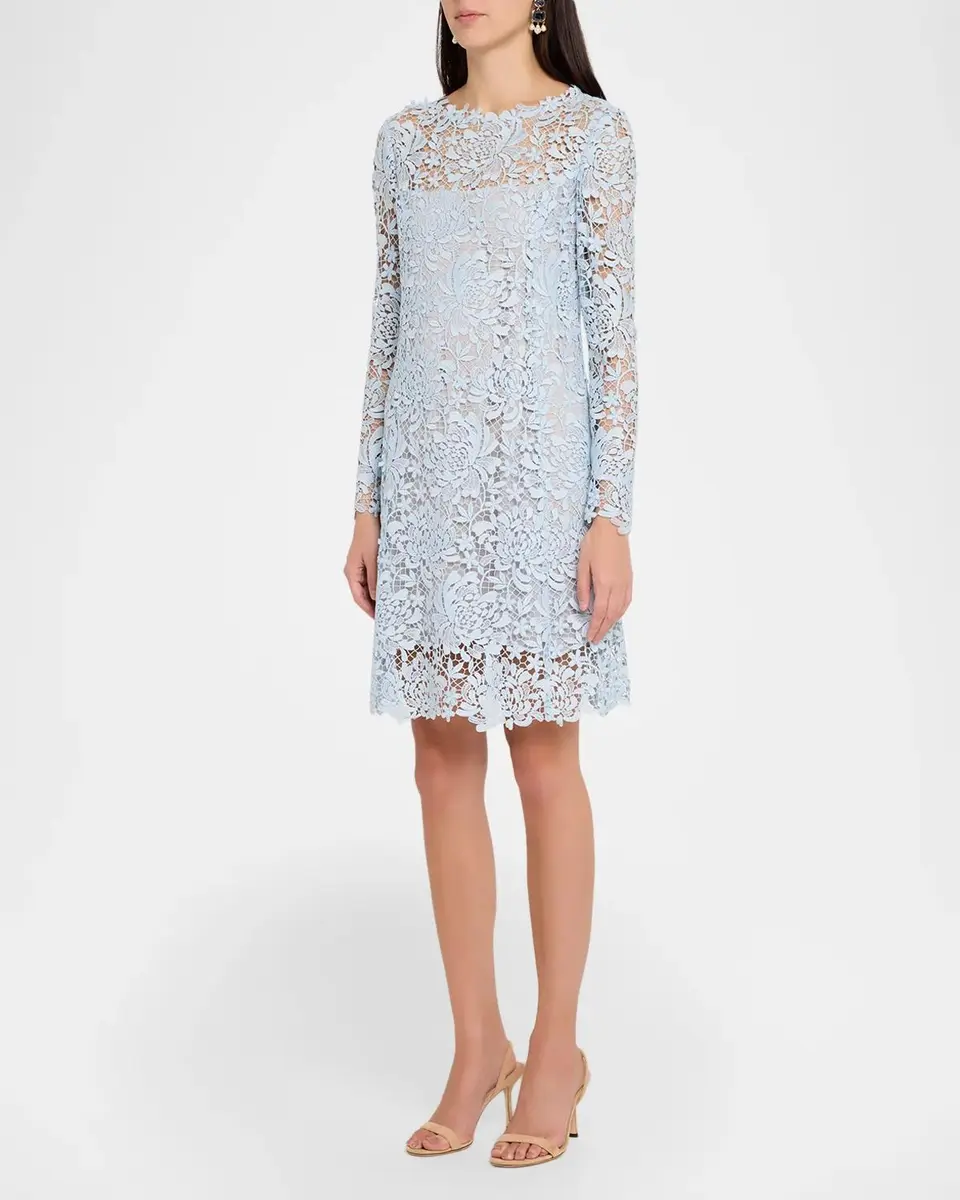 Oscar de la Renta Long-Sleeve Chrysanthemum Guipure Shift Dress | Thumbnail 4