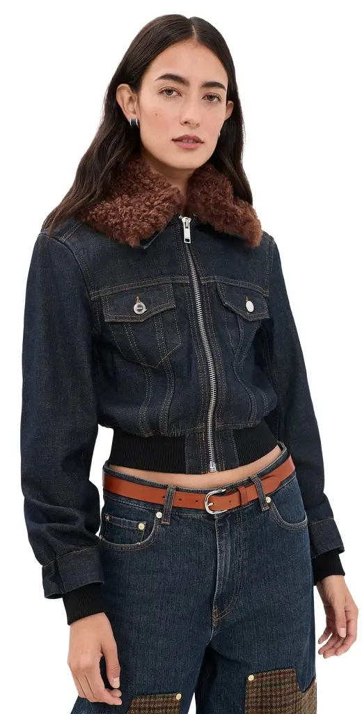 Ganni Slub Denim Cropped Bomber Jacket