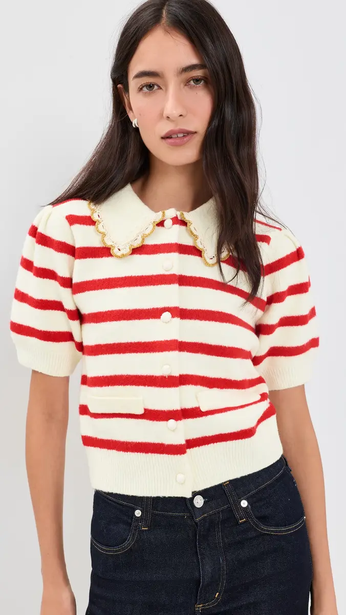 English Factory Striped Puff Sleeve Knit Cardigan | Thumbnail 2 English Factory Striped Puff Sleeve Knit Cardigan | Thumbnail 2