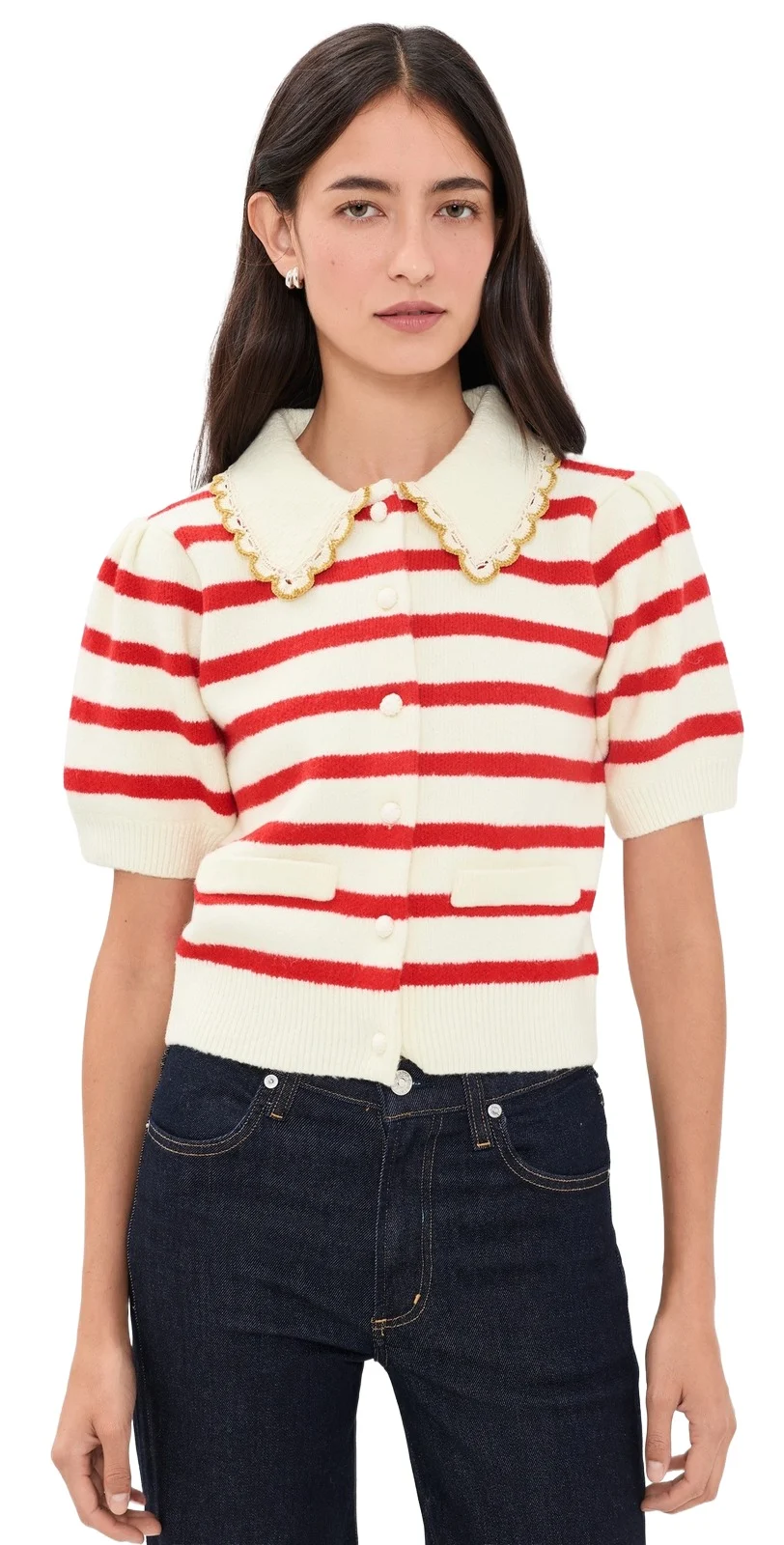 Striped Puff Sleeve Knit Cardigan Striped Puff Sleeve Knit Cardigan