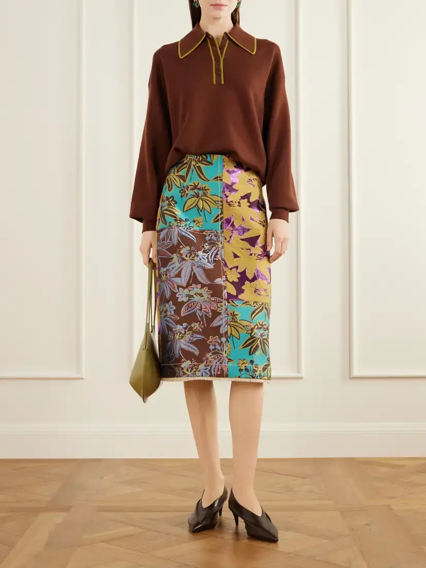ALÉMAIS Bodie Frayed Patchwork Floral-jacquard Midi Skirt | Thumbnail 2 ALÉMAIS Bodie Frayed Patchwork Floral-jacquard Midi Skirt | Thumbnail 2