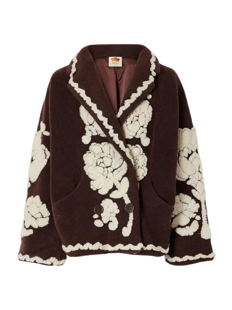 Farm Rio Double-breasted Floral-appliquéd Brushed Fleece Jacket