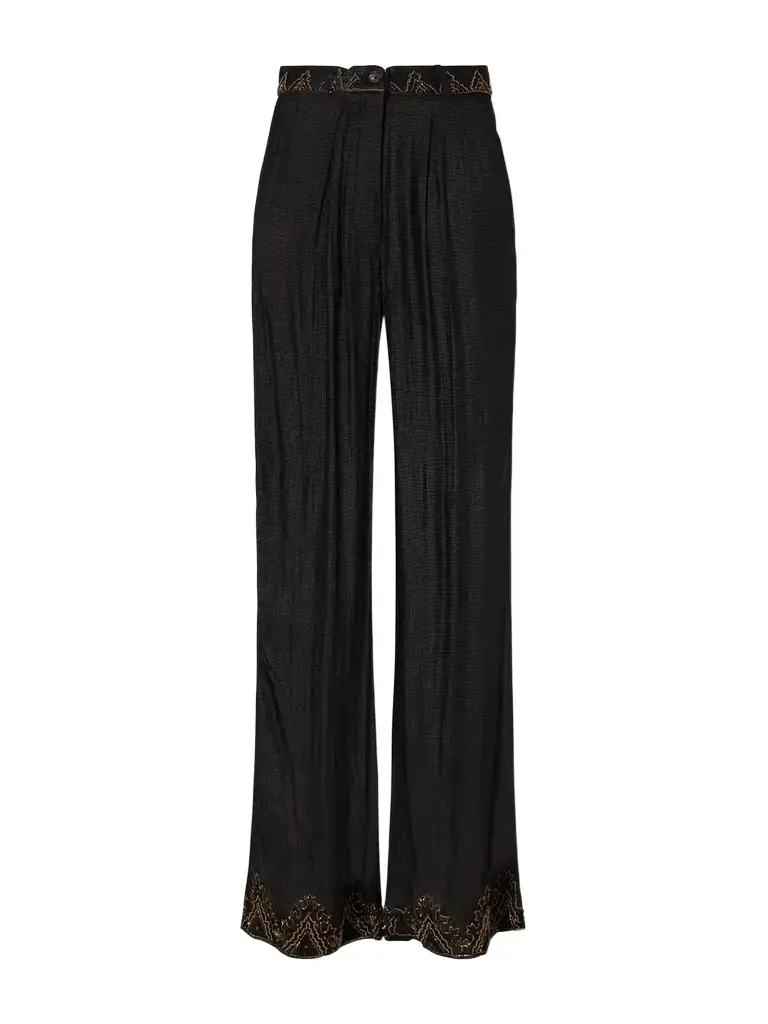 Pleated Emroidered Silk-ripstop Straight-leg Pants