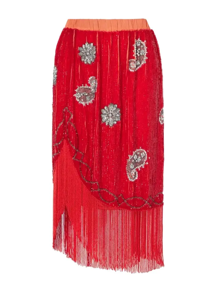 BODE Sundance Asymmetrical Sequin-embellished Fringed Woven Midi Skirt