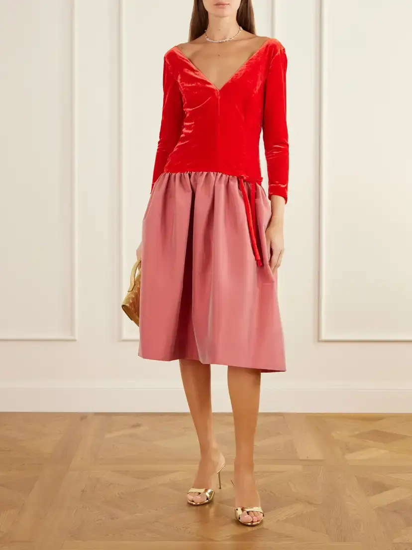 BERNADETTE Inez Bow-detailed Gathered Velvet And Taffeta Midi Dress | Thumbnail 2 BERNADETTE Inez Bow-detailed Gathered Velvet And Taffeta Midi Dress | Thumbnail 2