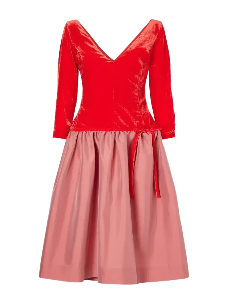 Inez Bow-detailed Gathered Velvet And Taffeta Midi Dress Inez Bow-detailed Gathered Velvet And Taffeta Midi Dress