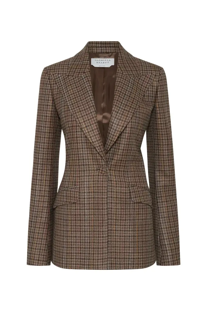 Leiva Blazer in Camel Multi Wool Silk Houndstooth Leiva Blazer in Camel Multi Wool Silk Houndstooth