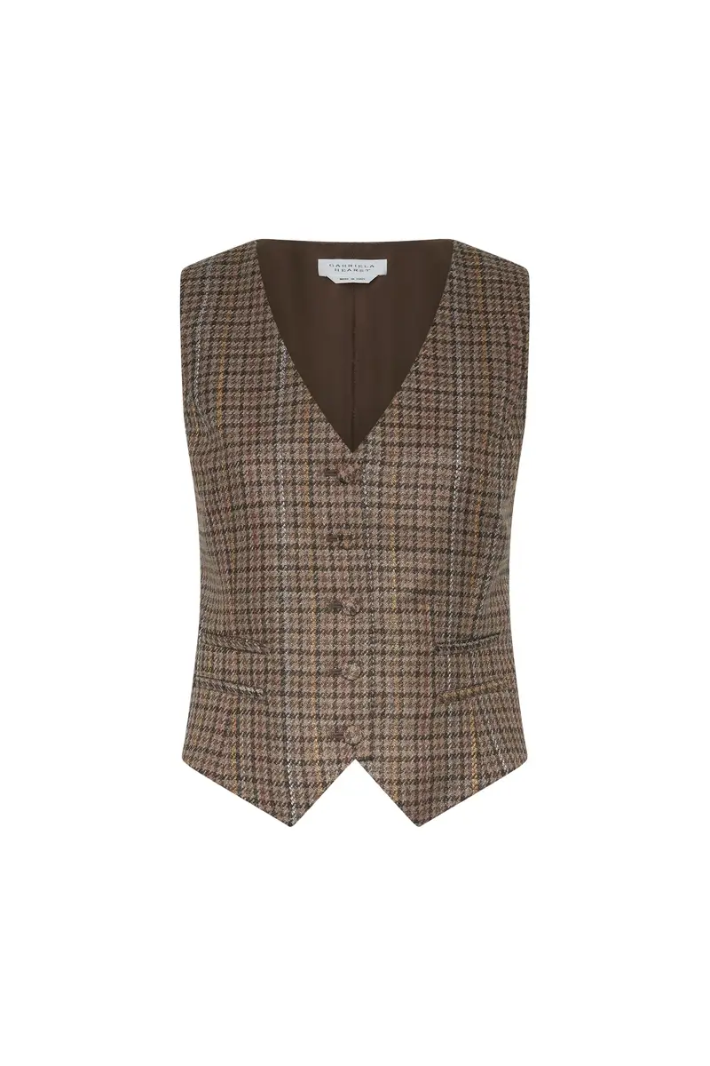 Coleridge Vest in Camel Multi Wool Silk Houndstooth