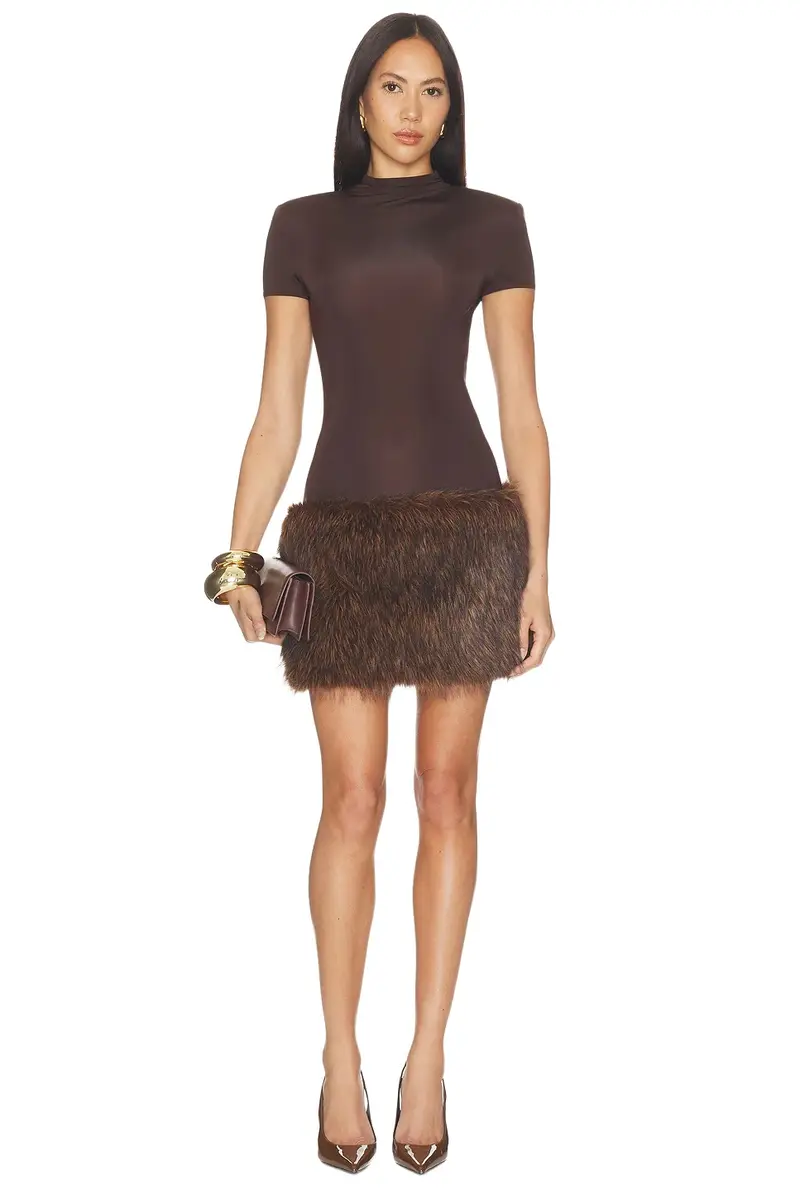 Bronx and Banco Short Sleeve Mini Dress With Faux Fur Trim