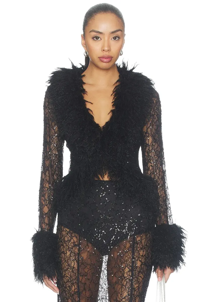 AFRM Simone Beaded Lace Fur Trim Cardigan
