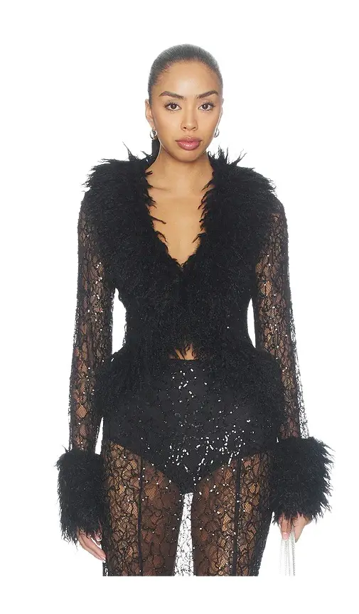 AFRM Simone Beaded Lace Fur Trim Cardigan