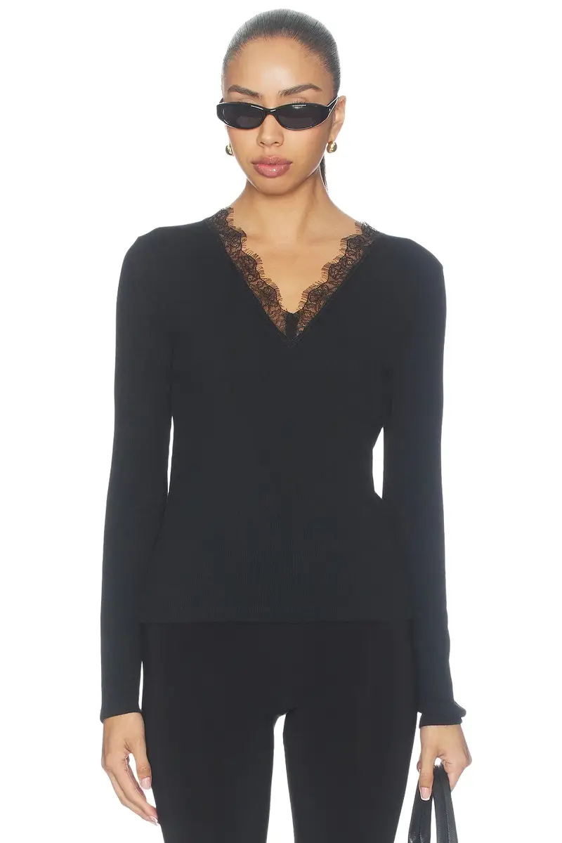 Lace Trim Longsleeve V Neck Top