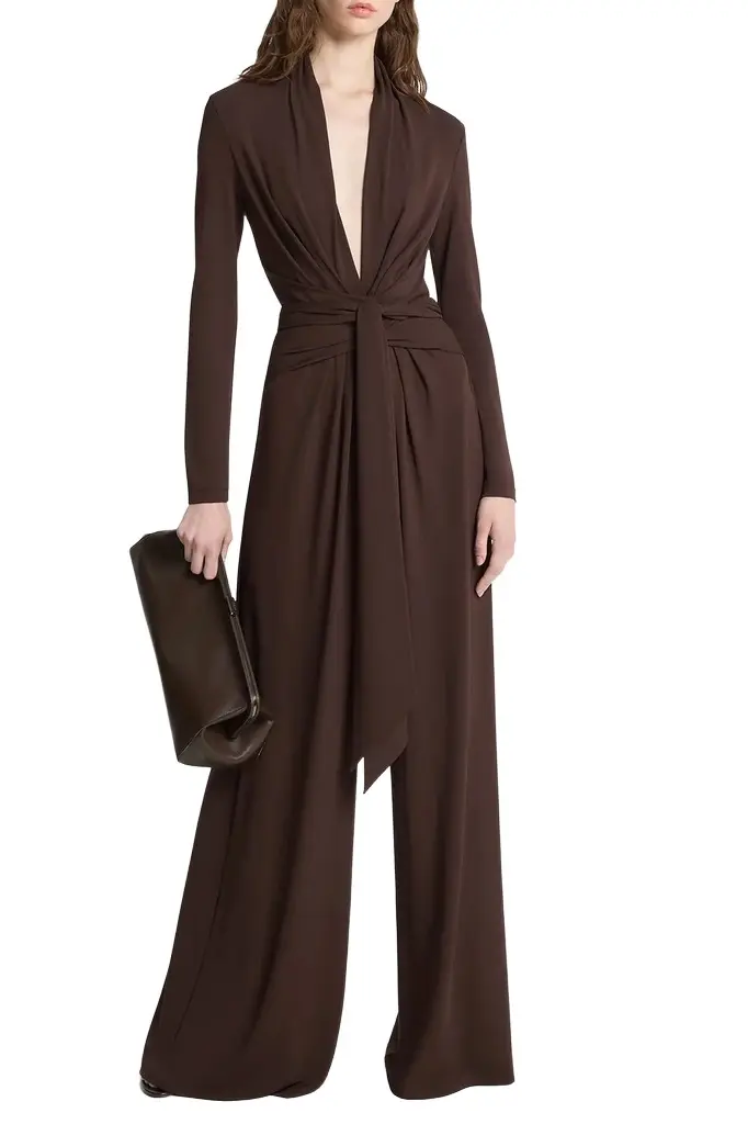 Michael Kors Collection Long Sleeve Tie Waist Palazzo Jumpsuit