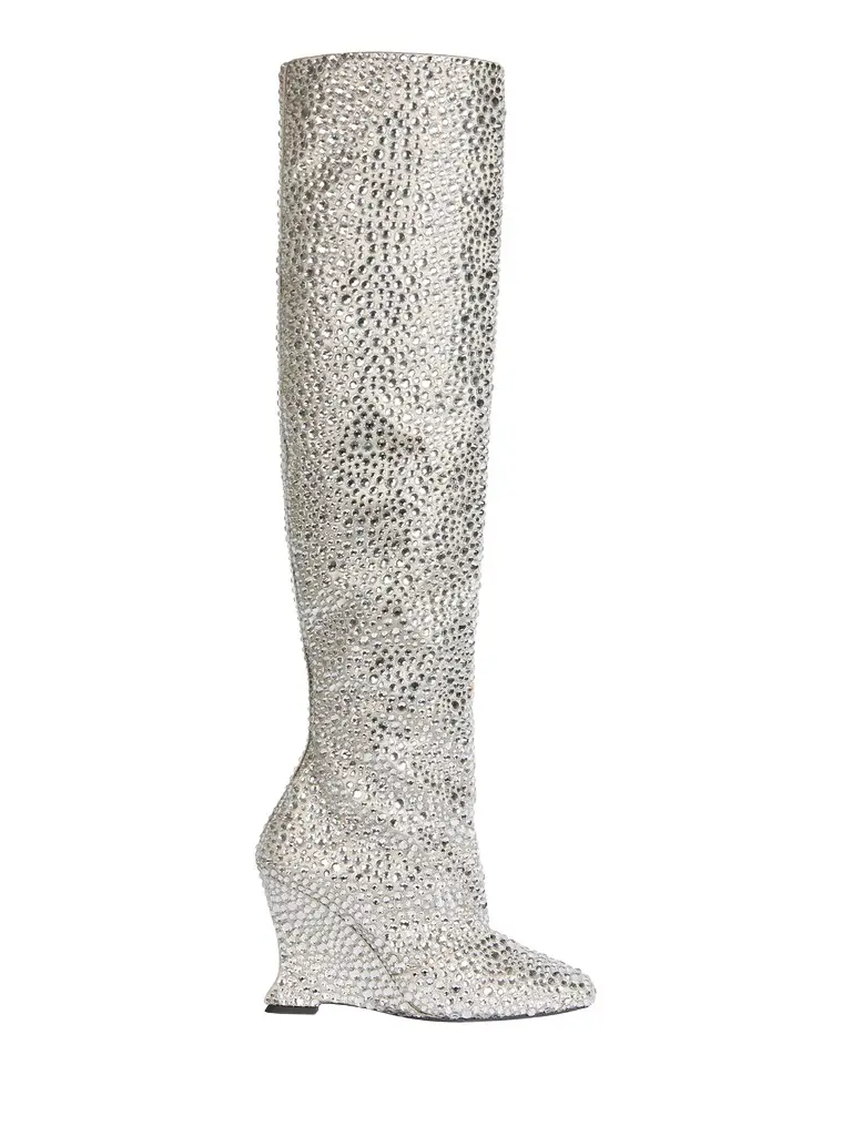 Balmain Wedge thigh-high satin boots with crystals