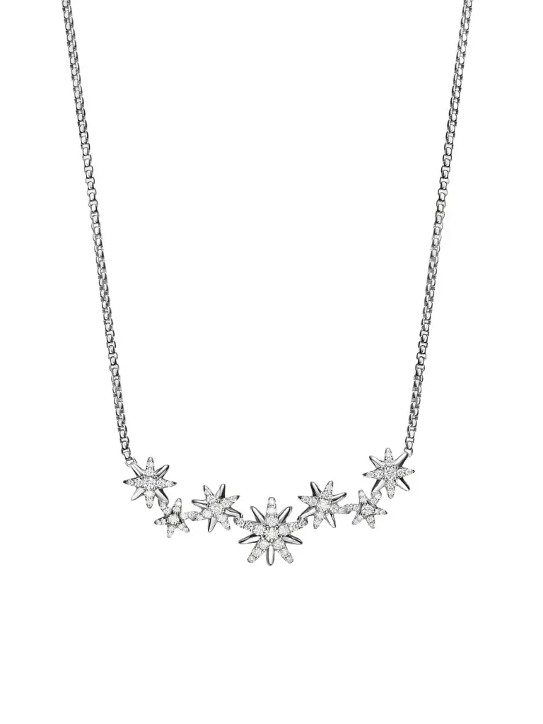 Women's Starburst Cluster Necklace in Sterling Silver with Diamonds, 15.5MM - Silver Women's Starburst Cluster Necklace in Sterling Silver with Diamonds, 15.5MM - Silver