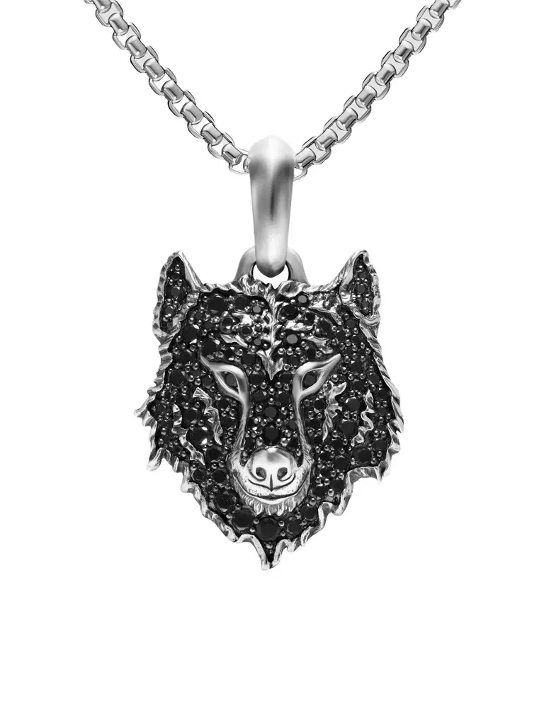 David Yurman Men's Petrvs Wolf Amulet in Sterling Silver - Black Diamond