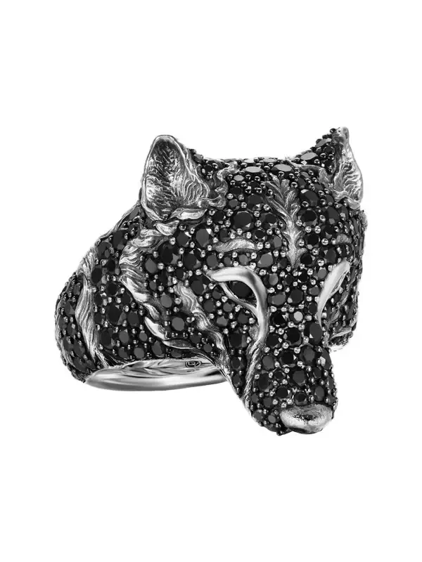 David Yurman Men's Petrvs Wolf Signet Ring in Sterling Silver - Black Diamond