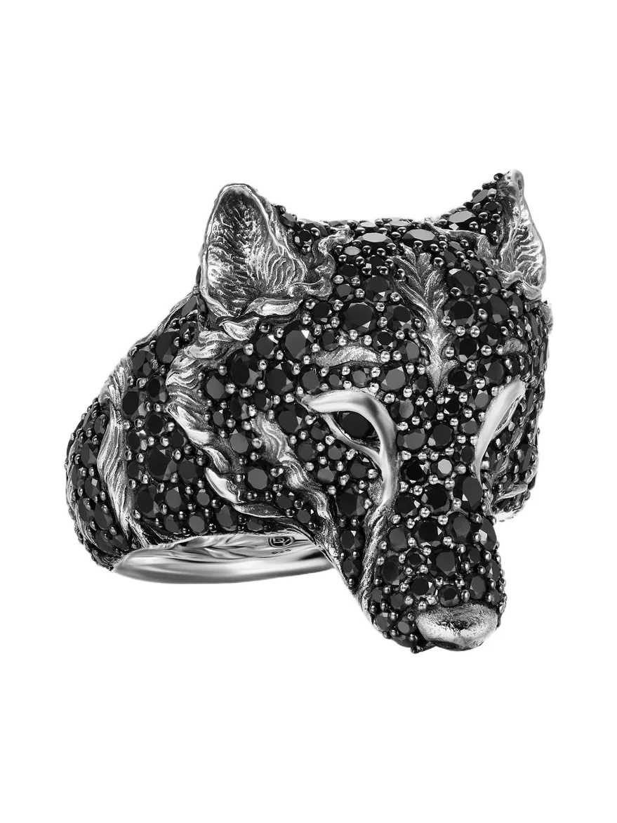 David Yurman Men's Petrvs Wolf Signet Ring in Sterling Silver - Black Diamond