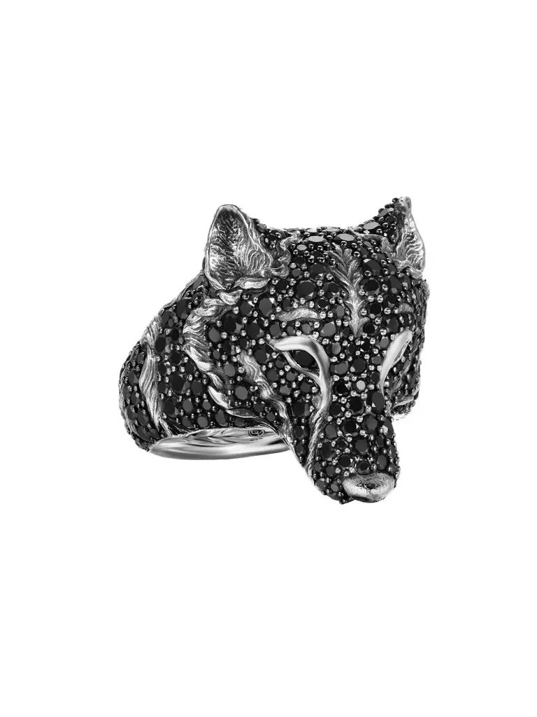 David Yurman Men's Petrvs Wolf Signet Ring in Sterling Silver - Black Diamond