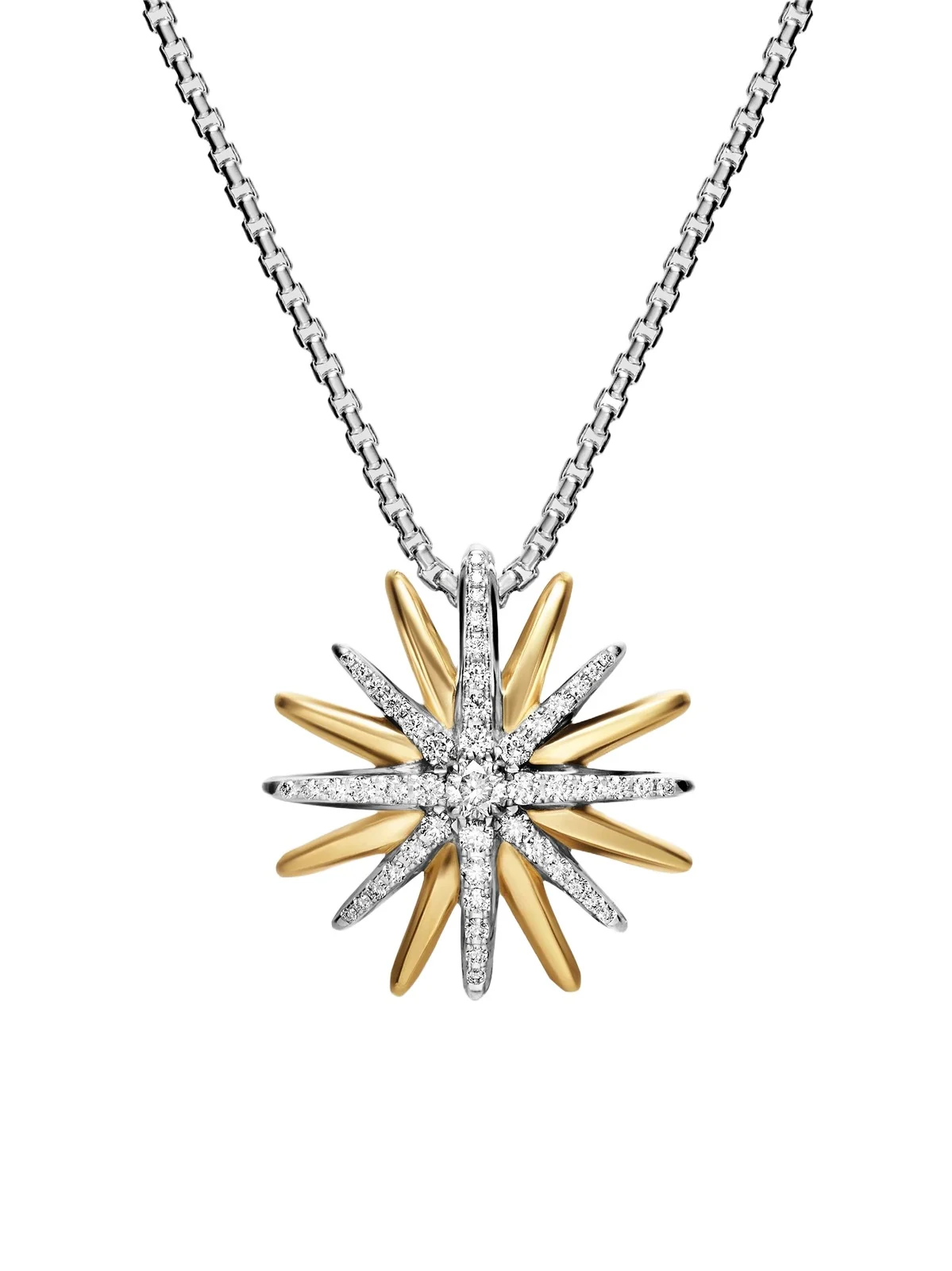 Women's Starburst Necklace in Sterling Silver with 18K Yellow Gold with Diamonds, 21MM - Silver Multi Women's Starburst Necklace in Sterling Silver with 18K Yellow Gold with Diamonds, 21MM - Silver Multi