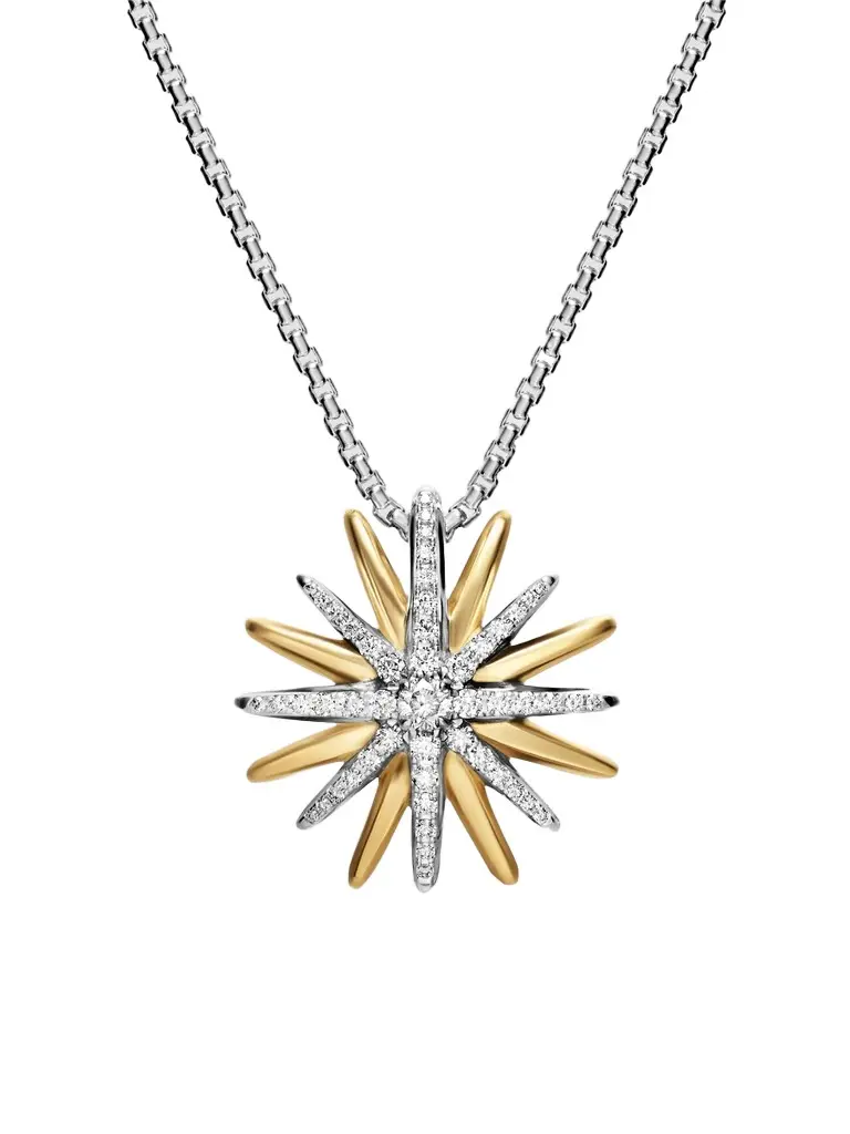 Women's Starburst Necklace in Sterling Silver with 18K Yellow Gold with Diamonds, 21MM - Silver Multi Women's Starburst Necklace in Sterling Silver with 18K Yellow Gold with Diamonds, 21MM - Silver Multi