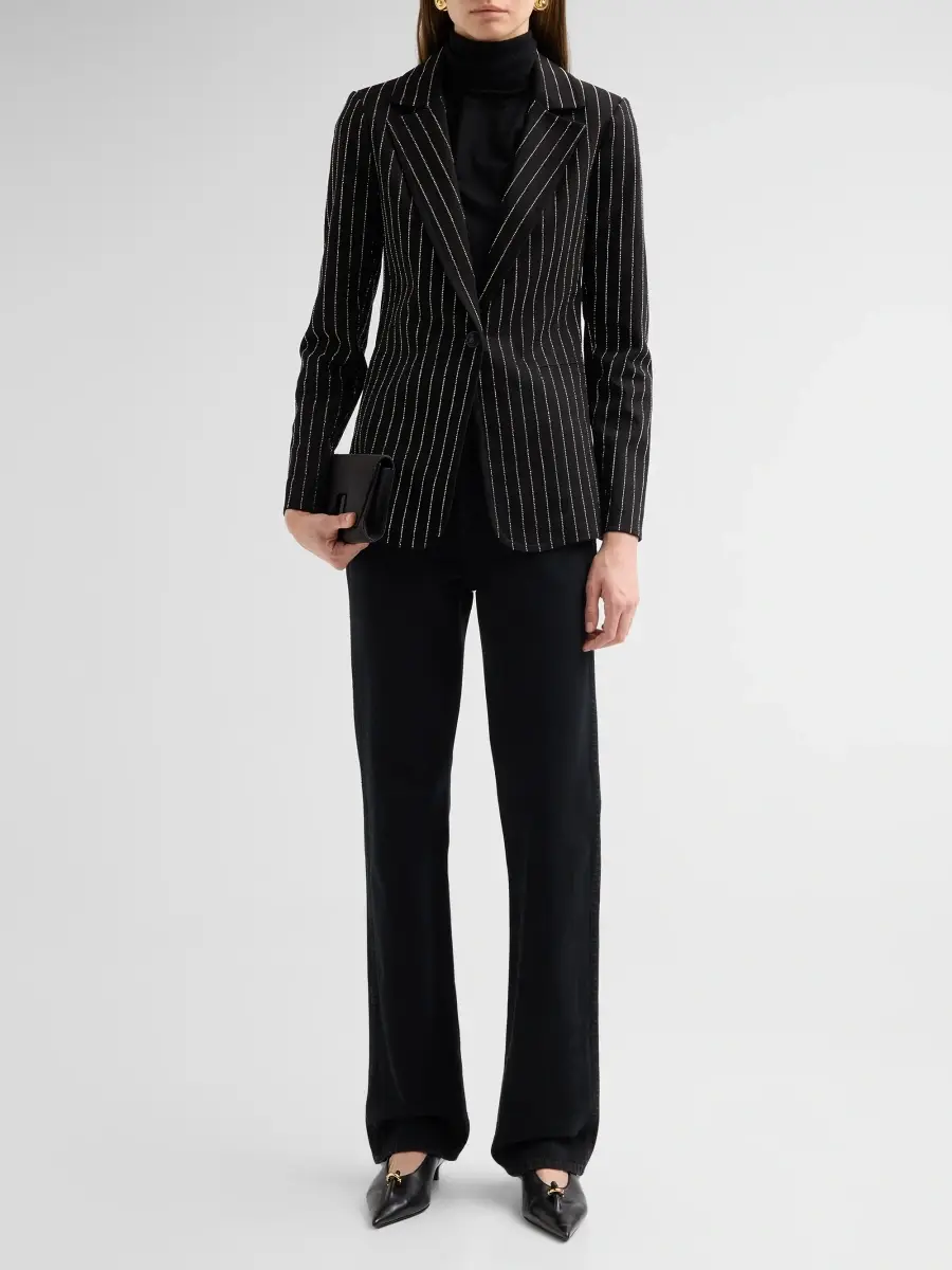 Alice + Olivia Women's Macey Embellished Pinstriped Denim Fitted Blazer | Thumbnail 2 Alice + Olivia Women's Macey Embellished Pinstriped Denim Fitted Blazer | Thumbnail 2