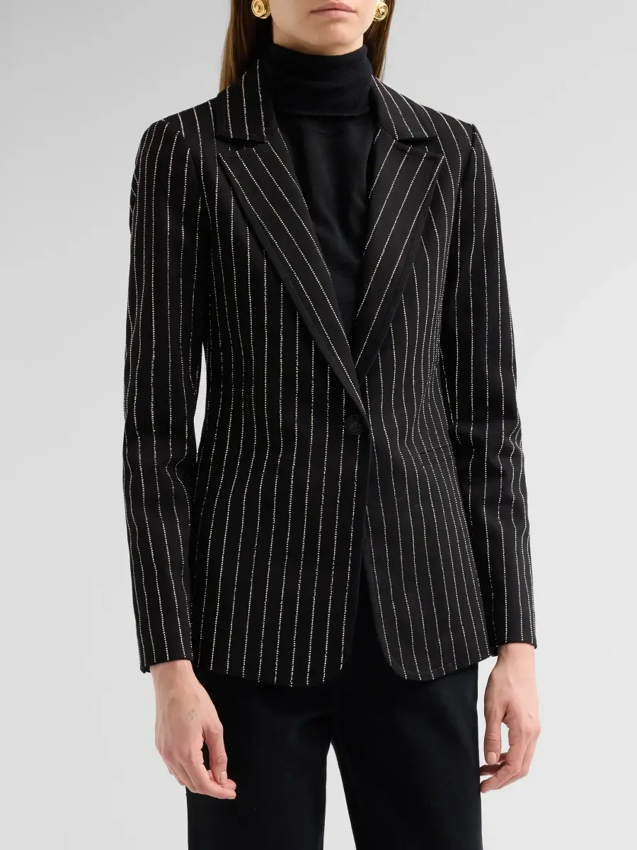 Alice + Olivia Women's Macey Embellished Pinstriped Denim Fitted Blazer | Thumbnail 4 Alice + Olivia Women's Macey Embellished Pinstriped Denim Fitted Blazer | Thumbnail 4