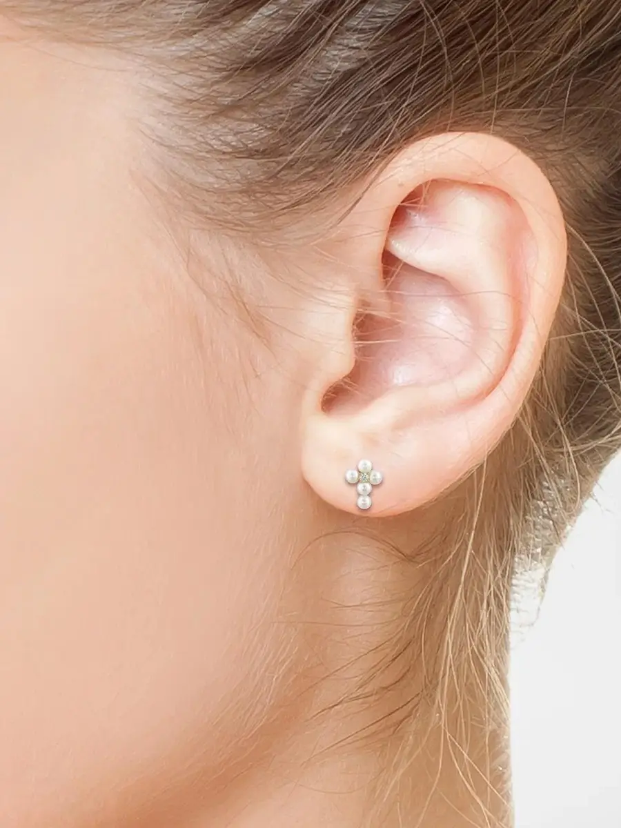 Diamonds with Pearl Women's 18K Yellow Gold, Freshwater Pearl & 0.03 Lab-Grown Diamond Cross Stud Earrings | Thumbnail 2 Diamonds with Pearl Women's 18K Yellow Gold, Freshwater Pearl & 0.03 Lab-Grown Diamond Cross Stud Earrings | Thumbnail 2