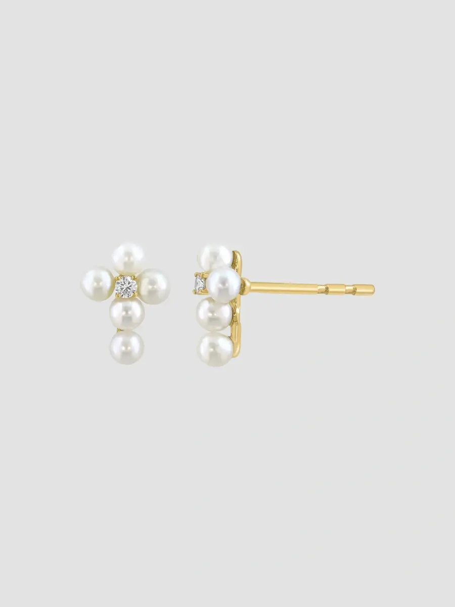 Diamonds with Pearl Women's 18K Yellow Gold, Freshwater Pearl & 0.03 Lab-Grown Diamond Cross Stud Earrings | Thumbnail 3 Diamonds with Pearl Women's 18K Yellow Gold, Freshwater Pearl & 0.03 Lab-Grown Diamond Cross Stud Earrings | Thumbnail 3