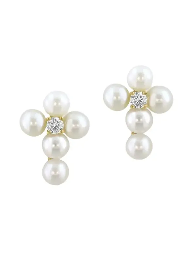 Diamonds with Pearl Women's 18K Yellow Gold, Freshwater Pearl & 0.03 Lab-Grown Diamond Cross Stud Earrings