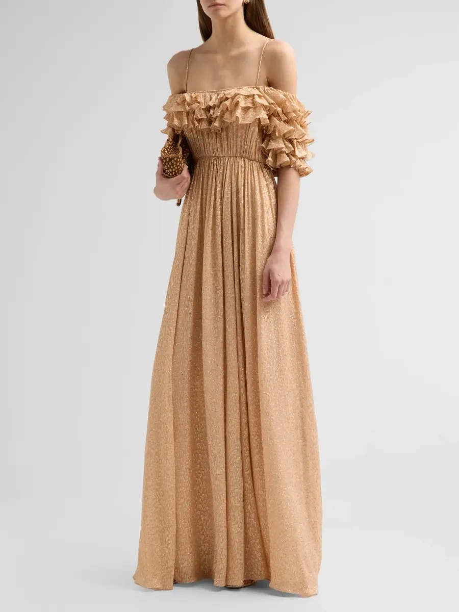 Ulla Johnson Women's Persephone Ruffled Metallic Silk-Blend Off-Shoulder Gown | Thumbnail 4 Ulla Johnson Women's Persephone Ruffled Metallic Silk-Blend Off-Shoulder Gown | Thumbnail 4