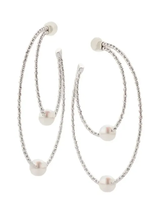 Pearls By Shari Women's 18K White Gold Double Hoop Akoya Pearl Earrings