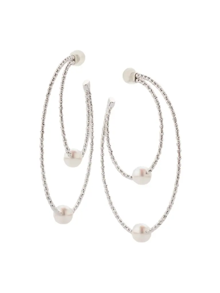 Pearls By Shari Women's 18K White Gold Double Hoop Akoya Pearl Earrings