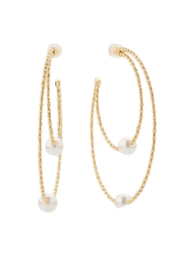 Pearls By Shari Women's 18K White Gold Double Hoop Akoya Pearl Earrings